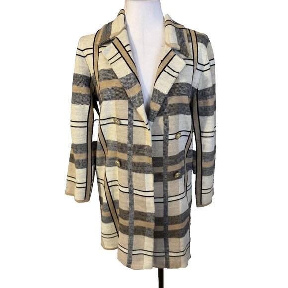 Anne Klein Sweater Jacket Coat Large L Plaid Camel Cream Black Washable - Picture 1 of 15